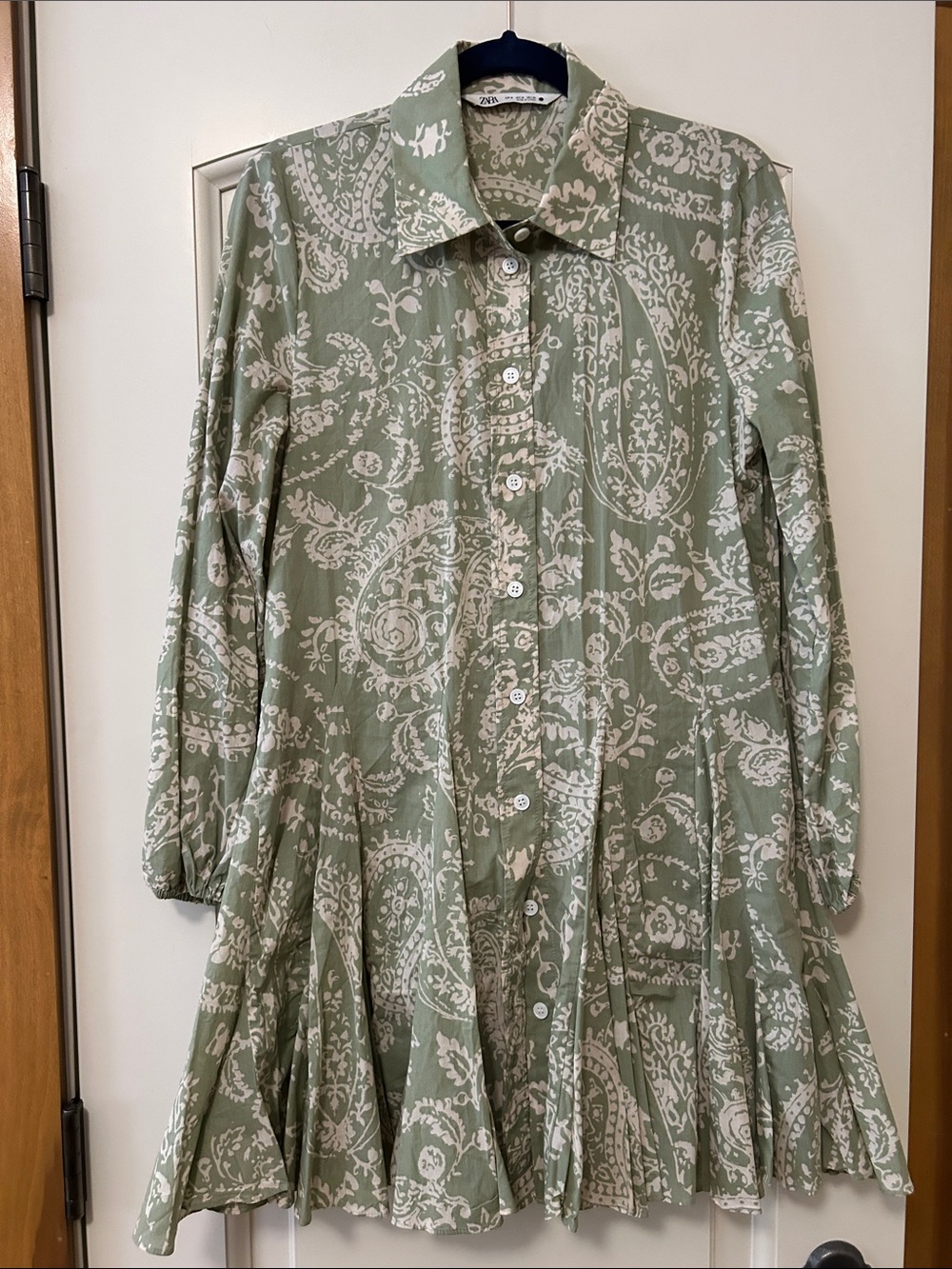 Zara Sage Green and Cream Paisley Button-Front Dress & The Cutest Pleated Skirt